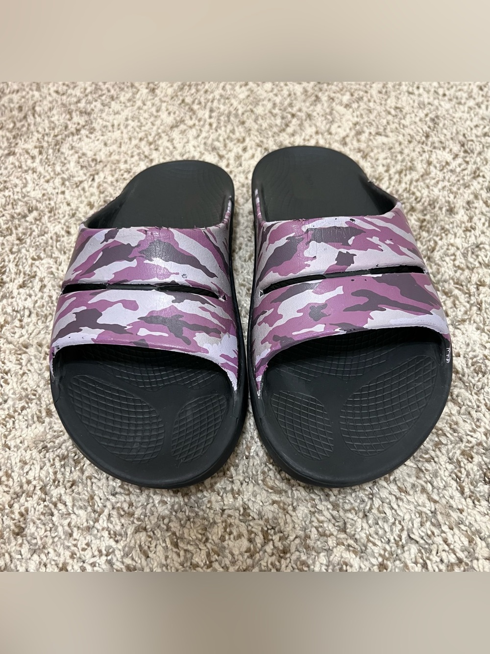 OOFOS OOahh Sport Slides Purple Camo Unisex Size M6/W8 - Picture 2 of 8